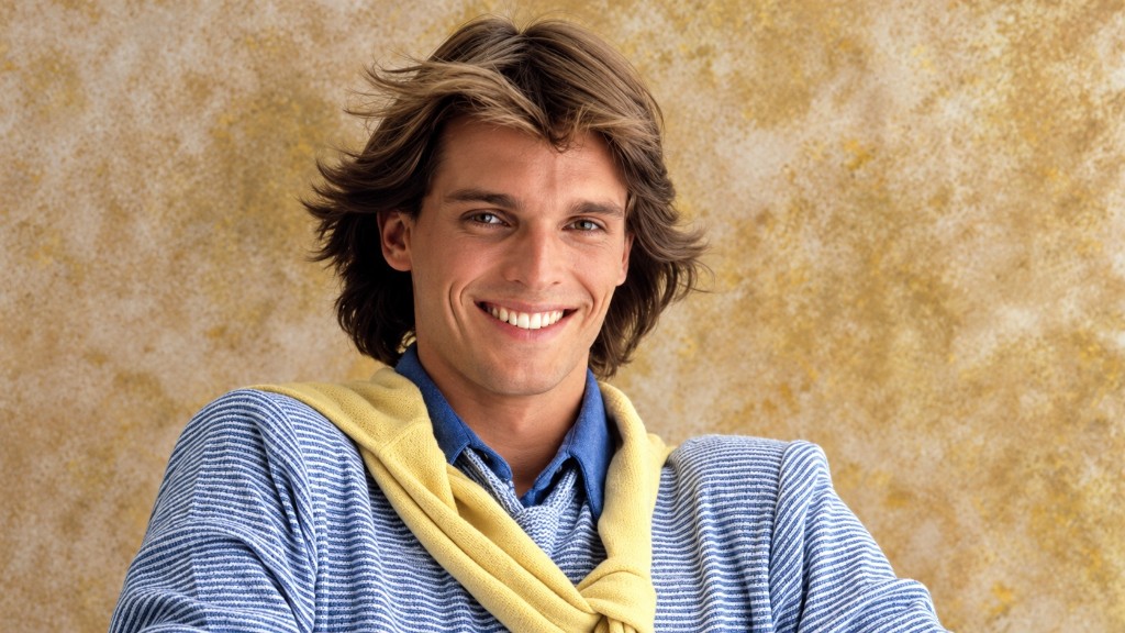 Miguel Bosé joven, sonriente, con jersey de rayas azules y un jersey amarillo anudado a los hombros