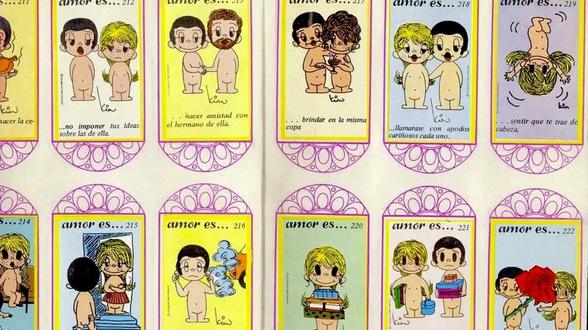 Página del álbum original Amor es… con seis cromos pegados: margaritas, abrazos, chocolate junto a la chimenea, un muñeco de nieve, una cena elegante y leña
