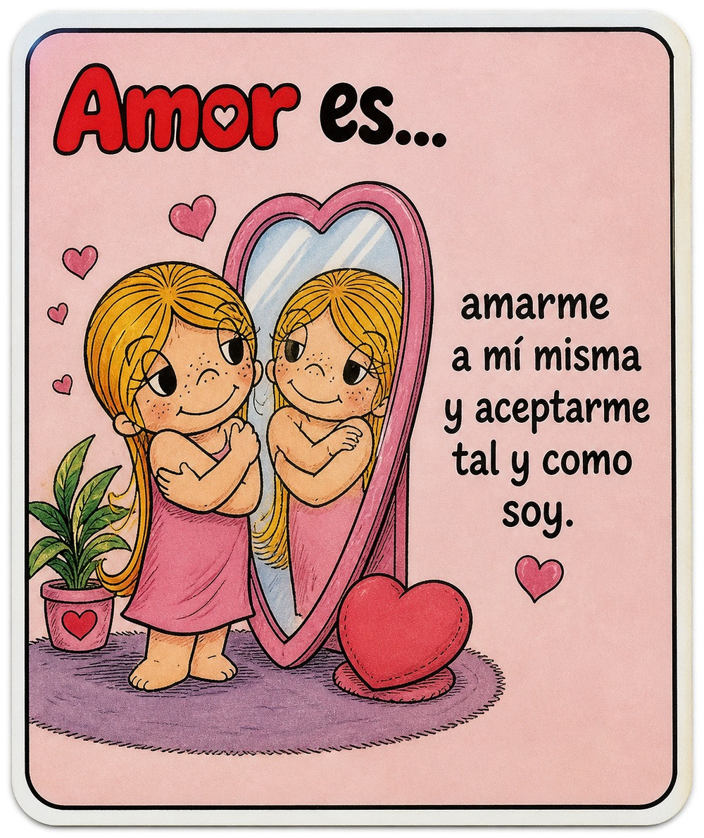 Figurita creada con IA: una mujer se abraza frente a un espejo en forma de corazón. El texto dice: Amor es… amarme a mí misma y aceptarme tal y como soy
