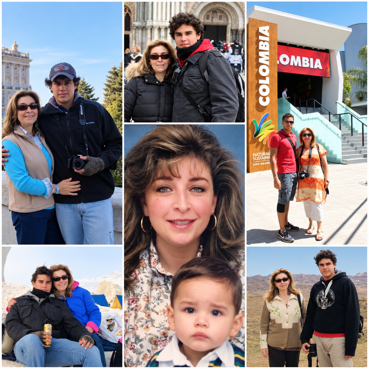 Collage de fotografías de Juanes y su madre en distintos viajes y momentos familiares.